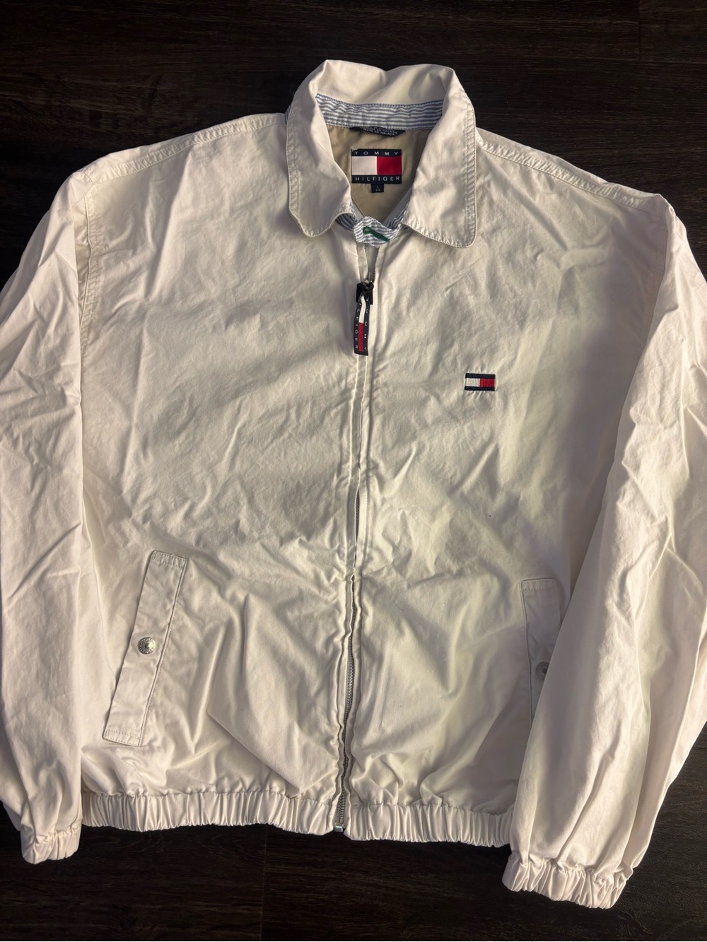 Vintage Tommy Hilfiger Jacket Mens L White Twill Bomber Collared Full Zip Logo - Picture 2 of 5